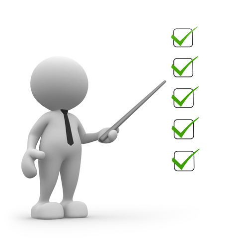 תמונה דקורטיבית - בובת איש מצביע על קוביות עם סימני v בתוכן